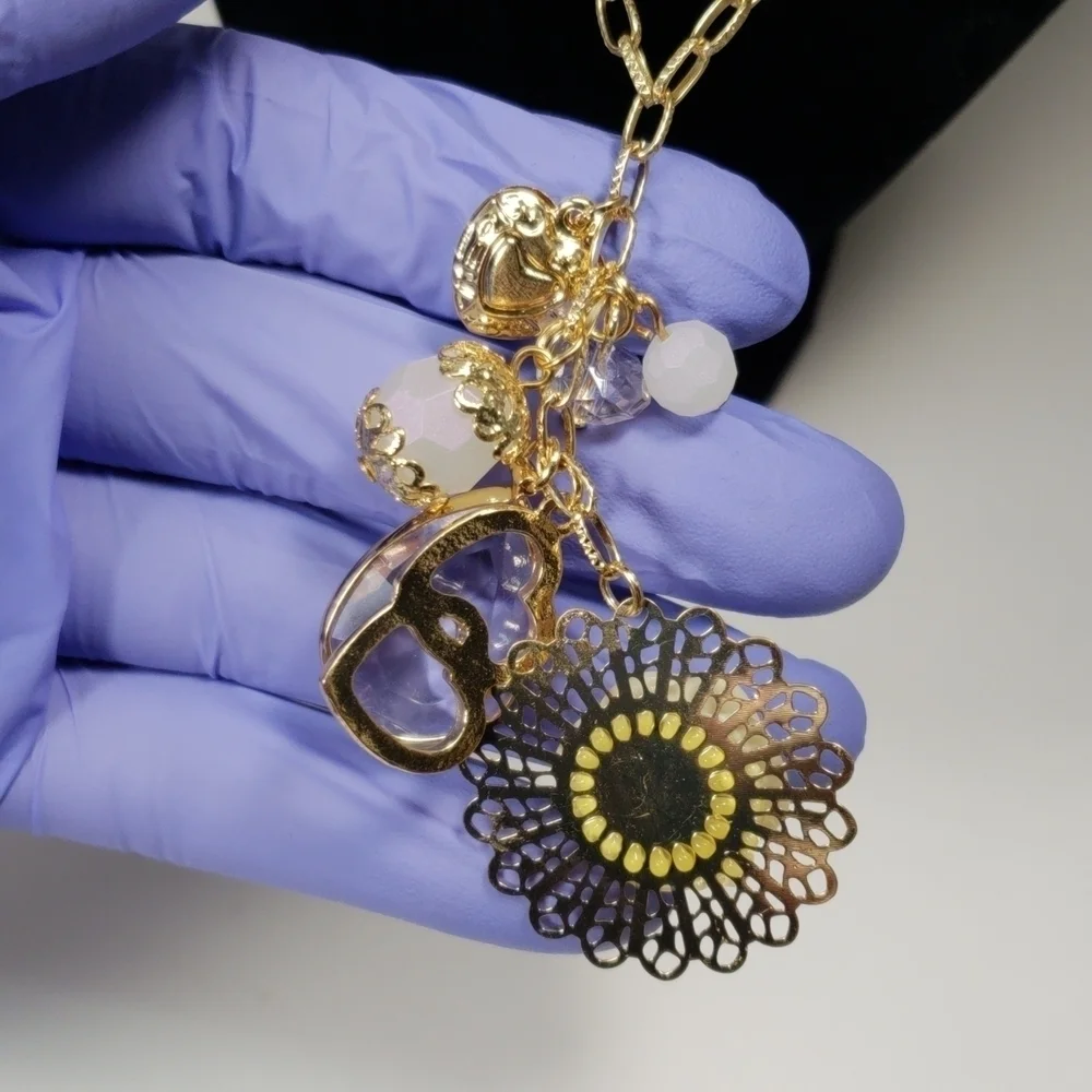 Gold-Tone Necklace with Beads, Hearts, Flower, Crystal Charms - Women's Jewelry